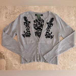 Gray Cardigan with Black Floral Design